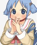  1girl bag blue_eyes blue_hair blush bow bowtie closed_mouth commentary_request cube_hair_ornament furrowed_brow hair_ornament highres long_sleeves looking_at_viewer naganohara_mio naganoharamiomio nichijou own_hands_together red_bow red_bowtie sailor_collar school_bag school_uniform short_hair short_twintails shoulder_bag simple_background solo tokisadame_school_uniform twintails upper_body v-shaped_eyebrows white_background white_sailor_collar 