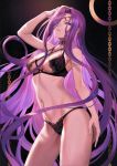  1girl absurdres arm_up bangs bra breasts facial_mark fate/grand_order fate_(series) forehead_mark hair_over_one_eye hand_up highres lingerie long_hair looking_at_viewer medium_breasts navel panties parted_lips purple_eyes purple_hair rider simple_background solo stomach thighs underwear underwear_only 