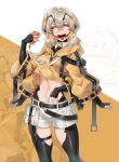  1girl absurdres arthropod_girl bifurcated_jaw black_sclera blush carapace cellphone colored_sclera cropped_jacket dated drawstring extra_arms glasses highres hood hood_down hooded_jacket jacket jian_xuanyuan midriff navel open_mouth orange_eyes original phone short_shorts shorts smartphone thighhighs tongue yellow_jacket 