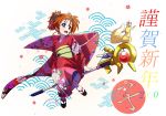  1girl 2020 absurdres alternate_hairstyle asa_no_ha_(pattern) bangs blue_eyes brown_hair bygddd5 chinese_zodiac commentary fate_testarossa ferret floral_print half_updo happy_new_year highres japanese_clothes kimono long_sleeves looking_to_the_side lyrical_nanoha mahou_shoujo_lyrical_nanoha mahou_shoujo_lyrical_nanoha_the_movie_1st new_year obi open_mouth print_kimono red_kimono sandals sash short_hair smile staff staff_riding tabi takamachi_nanoha white_footwear white_legwear wind year_of_the_rat yuuno_scrya 