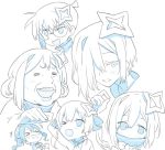  &gt;_&lt; 2girls amane_kanata blade_(galaxist) commentary_request cosplay edogawa_conan edogawa_conan_(cosplay) glasses hair_between_eyes hair_ornament hair_over_one_eye hololive hoshimachi_suisei houshou_marine laughing looking_at_viewer meitantei_conan monochrome multiple_girls old_woman one_eye_closed open_mouth parody short_hair simple_background tears virtual_youtuber white_background 