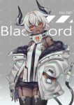  1girl :o android bangs bare_shoulders black_legwear black_shorts blush breasts character_name collar commentary_request cowboy_shot curled_horns dark_skin eyebrows_visible_through_hair fang garter_straps gradient gradient_background grey_background grey_hair hair_between_eyes hand_in_pocket head_tilt highres horns jack_plug jacket legs_together long_sleeves looking_at_viewer mechanical_horns mechanical_tail off-shoulder_jacket off_shoulder open_clothes open_jacket orange_eyes original robot_joints shirt short_hair short_shorts shorts sidelocks skin_fang sleeves_past_wrists small_breasts solo standing tabard tail thighhighs white_coat white_jacket white_shirt zoff_(daria) 
