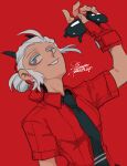  1girl 25_kimera collared_shirt demon_girl demon_horns grey_eyes hair_bun helltaker highres horns justice_(helltaker) red_shirt shirt solo sunglasses white_hair 