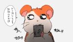 1boy commentary_request hamster hamtaro hamtaro_(series) holding imamuu_(imamoon) male_focus simple_background smile solo speech_bubble translation_request upper_body 