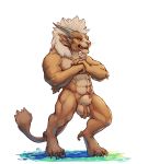  2020 4_ears abs absurd_res animal_genitalia anthro ball_tuft balls biceps biped body_hair charr claws fangs felid fur genitals guild_wars hair hi_res horn male mammal multi_ear muscular muscular_male nude orange_body orange_fur penis penis_tip sheath simple_background solo standing teeth toe_claws triceps tuft vateo video_games 