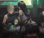  1girl 2boys alcohol arm_guards back bar bike_shorts black_skirt blonde_hair blurry cloud_strife counter cup depth_of_field drinking_glass final_fantasy final_fantasy_vii final_fantasy_vii_remake fingerless_gloves gloves long_hair looking_at_another low-tied_long_hair multiple_boys out_of_frame reno shillo shorts shorts_under_skirt sitting skirt sleeveless smile tifa_lockhart 