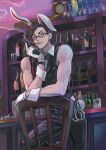  1boy absurdres animal_ears bar_(place) black_pants black_vest brown_hair brown_shoes chair commentary_request cuffs glass glasses gloves green_eyes gun handcuffs highres holding holding_gun holding_weapon holster hypnosis_mic iruma_jyuto lossy-lossless male_focus male_playboy_bunny non-web_source pants rabbit_ears rabbit_tail russian_commentary semi-rimless_eyewear shirt shoes shoulder_holster sleeveless sleeveless_shirt smoking solo tail toned toned_male under-rim_eyewear vasiliy-plumber vest weapon white_gloves wrist_cuffs 
