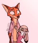  2020 anthro blush canid canine chest_tuft clothed clothing disney duo eyes_closed fox fur green_eyes grey_body grey_fur inner_ear_fluff judy_hopps lagomorph leporid mammal neck_tuft nick_wilde open_shirt orange_body orange_fur pink_background rabbit red_fox shirt simple_background smile topwear tuft white_body white_fur xx-junglebeatz-xx zootopia 