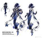  1girl bare_shoulders black_gloves black_hair black_shawl blue_boots blue_dress blue_hat blue_sleeves boots chinese_text clenched_hand colored_skin commission detached_sleeves dress frilled_dress frilled_footwear frills full_body fur_shawl gloves grey_hair grey_robe grey_skin hair_over_one_eye hat hat_ribbon high_heel_boots high_heels highres long_dress long_hair long_sleeves multicolored_hair original reference_sheet ribbon robe sample_watermark sanqianyao shawl simple_background sleeveless sleeveless_dress top_hat translation_request two-tone_hair v-neck variations very_long_hair watermark wavy_hair weibo_watermark white_background 