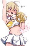  1girl ahoge arm_up belly blonde_hair blue_archive blush breasts cheerleader commentary hair_between_eyes holding holding_pom_poms hungry kamatani_ranger kotori_(blue_archive) kotori_(cheer_squad)_(blue_archive) medium_breasts millennium_cheerleader_outfit_(blue_archive) navel open_mouth plump pom_pom_(cheerleading) red_eyes short_twintails skirt stomach_growling surprised twintails 