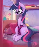  2020 absurd_res bed book clothing cutie_mark equid female feral friendship_is_magic furniture glases hi_res horn inside mammal my_little_pony nevobaster on_bed pillow purple_eyes sitting twilight_sparkle_(mlp) unicorn 