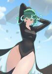  1girl absurdres arms_up aura black_dress breasts curly_hair day debris dress floating floating_object green_eyes green_hair highres looking_at_viewer neoguri one-punch_man outdoors small_breasts solo tatsumaki virtual_youtuber 