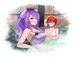  2girls breasts camilla_(fire_emblem) cleavage crossed_arms fire_emblem fire_emblem_fates fire_emblem_heroes hair_over_one_eye highres hinoka_(fire_emblem) long_hair multiple_girls naked_towel onsen parted_lips ponytail purple_eyes purple_hair red_eyes red_hair short_hair spiffydc towel twitter_username 