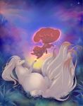 2015 4_toes 6_tails 9_tails artist_name belly big_belly black_kitty black_nose blonde_hair blue_sky brown_body brown_eyes brown_fur chest_tuft claws closed_smile colored curled_tail dated digital_drawing_(artwork) digital_media_(artwork) dipstick_tail duo english_description evening eyelashes fangs feet feet_together female female_feral feral fern fluffy fluffy_tail fur generation_1_pokemon glowing glowing_eyes grass grey_pawpads hair hi_res larger_female larger_feral light lighting long_hair long_tail lying lying_on_ground markings midair mouth_closed multi_tail multicolored_body multicolored_fur ninetales nintendo on_back on_ground open_mouth open_smile orange_hair orange_tail orange_tail_tip outside pawpads paws pink_tongue plant pokemon pokemon_(species) pregnant pregnant_female pregnant_feral quadruped red_eyes shaded short_hair size_difference sky small_nose smaller_feral smile smiling_at_another sparkles tail tail_markings teeth telekinesis text toe_claws toes tongue tuft two_tone_body two_tone_fur vulpix white_claws yellow_body yellow_fur yellow_tail