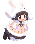  1girl :3 animal_ears animal_hood bangs bebeneko black_footwear black_hair black_skirt blush boots bunny_ears bunny_tail carrot_print clenched_hands coat commentary_request eyebrows_visible_through_hair folded_leg food_print hood inaba_tewi jumping looking_to_the_side open_mouth pantyhose pink_coat red_eyes ribbon short_hair simple_background skirt solo striped striped_ribbon tail touhou white_background white_legwear winter_clothes winter_coat 