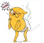 adventure_time anonymous_artist anthro canid canine canis cartoon_network clothed clothing diaper diaper_only diaper_use digital_media_(artwork) domestic_dog feces jake_the_dog male mammal pooping simple_background soiled_diaper soiling soiling_diaper solo topless unclean_diaper used_diaper wearing_diaper