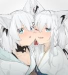  2girls alternate_costume animal_ears ars_almal blue_eyes breasts cleavage collarbone fox_ears hair_between_eyes hair_ornament hairclip highres hololive japanese_clothes kimono looking_at_viewer multiple_girls nijisanji one_eye_closed portrait rubbing shirakami_fubuki silver_hair uno_ryoku virtual_youtuber 