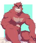  anthro asian_clothing barazoku biceps biped black_nose bulge clothing east_asian_clothing fundoshi fur humanoid_hands japanese_clothing kumatetsu male mammal muscular muscular_male o-ro one_eye_closed patreon pecs red_body red_fur signature smile solo teeth the_boy_and_the_beast underwear ursid 