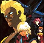  1980s_(style) 1990s_(style) 2boys 2girls aeug beam_cannon blonde_hair cable extra_eyes gloves gundam haman_karn hambrabi kitazume_hiroyuki looking_at_another lowres machinery mecha military_uniform mineva_lao_zabi mobile_suit mullet multiple_boys multiple_girls neo_zeon official_art orange_hair pink_hair quattro_bajeena red_gloves removing_eyewear retro_artstyle robot scan science_fiction serious smirk sunglasses titans_(gundam) traditional_media vest yazan_gable zeta_gundam 