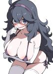  1girl @_@ ahoge arm_under_breasts bikini blue_bikini blush blush_stickers breasts cleavage ecgg_(tsuji418477) elbow_gloves eyebrows_hidden_by_hair gloves hair_between_eyes headband hex_maniac_(pokemon) highres large_breasts long_hair looking_at_viewer micro_bikini open_mouth pokemon purple_eyes purple_hair purple_headband shadow simple_background smile solo sweatdrop swimsuit thighhighs very_long_hair white_background white_gloves white_thighhighs 