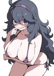  1girl @_@ ahoge arm_under_breasts bikini blue_bikini blush blush_stickers breasts cleavage ecgg_(tsuji418477) eyebrows_hidden_by_hair hair_between_eyes headband hex_maniac_(pokemon) highres large_breasts long_hair looking_at_viewer micro_bikini open_mouth pokemon purple_eyes purple_hair purple_headband shadow simple_background smile solo sweatdrop swimsuit very_long_hair white_background 
