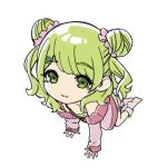  1girl all_fours bangs camisole closed_mouth collarbone commentary_request double_bun eyebrows_visible_through_hair full_body green_camisole green_eyes green_hair hair_ornament hair_scrunchie hairclip highres jacket light_smile long_hair long_sleeves looking_at_viewer morinaka_kazaki nijisanji no_shoes off_shoulder open_clothes open_jacket pink_jacket pink_scrunchie pink_shorts scrunchie short_shorts shorts simple_background sirataki_umauma sleeves_past_wrists socks soles solo striped striped_legwear two_side_up virtual_youtuber white_background 