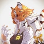  1girl animal_ear_fluff animal_ears bangs black_hair breast_pocket eyebrows_visible_through_hair from_side gloves grin japari_symbol kemono_friends lips long_hair looking_afar low-tied_long_hair multicolored_hair necktie orange_hair plaid_neckwear pocket profile shirt siberian_tiger_(kemono_friends) smile solo streaked_hair striped striped_tail sweater_vest tail takami_masahiro tiger_ears tiger_tail upper_body white_hair yellow_eyes 