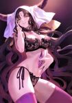  1girl absurdres bangs bare_shoulders bra breasts brown_hair chest_tattoo choker cleavage facial_mark fate/extra fate/extra_ccc fate/grand_order fate_(series) fingernails forehead_mark gradient gradient_background habit hand_on_own_cheek highres horns large_breasts lingerie long_hair looking_at_viewer mashuu_(neko_no_oyashiro) panties parted_bangs parted_lips pink_legwear scan sesshouin_kiara side-tie_panties simple_background solo tattoo thighhighs thighs underwear yellow_eyes 