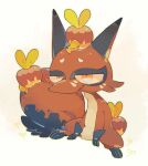  akadako animal_focus apple applin closed_mouth commentary_request facial_mark food fruit full_body green_outline half-closed_eyes jitome looking_at_viewer nickit no_humans on_head orange_eyes outline partial_commentary pokemon pokemon_(creature) pokemon_on_head simple_background sitting spread_legs whisker_markings white_background 