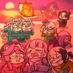  6+girls ahoge among_us animal_ears blonde_hair blue_hair cecilia_immergreen chibi cosplay crewmate_(among_us) crewmate_(among_us)_(cosplay) elizabeth_rose_bloodflame fuwawa_abyssgard ghost_(among_us) ghost_(among_us)_(cosplay) gigi_murin hair_ornament highres hololive hololive_english horns knife koseki_bijou long_hair mococo_abyssgard mori_calliope multiple_girls nerissa_ravencroft open_mouth ouro_kronii pink_hair raora_panthera red_hair smile virtual_youtuber wakatsuki_misato 