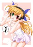  1girl :d animal_print asymmetrical_bangs bare_shoulders blonde_hair blue_ribbon blush border camisole collarbone commentary_request cowboy_shot eighth_note flat_chest flipper green_eyes hair_ribbon hands_on_headphones hands_up headphones heterochromia leaf leaf_background leaning_forward long_hair looking_at_viewer lyrical_nanoha mahou_shoujo_lyrical_nanoha_vivid miniskirt musical_note open_mouth outside_border pink_skirt print_skirt rabbit_print red_eyes ribbon skirt smile solo spoken_musical_note two_side_up vivio white_border white_camisole 