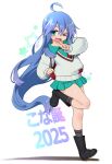  1girl ;d ahoge alternate_costume amate_yuzuriha amate_yuzuriha_(cosplay) ankle_boots aqua_shirt aqua_skirt bag birthday_connection black_boots blue_hair boots cardigan collared_shirt cosplay dated diagonal-striped_clothes diagonal-striped_necktie full_body green_eyes grey_socks gundam gundam_gquuuuuux hair_between_eyes highres izumi_konata kogaku_kazuya long_hair long_sleeves looking_at_viewer lucky_star miniskirt necktie one_eye_closed pointing shiny_skin shirt simple_background skirt smile socks standing standing_on_one_leg star_(symbol) striped_clothes very_long_hair white_background white_cardigan 