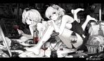  2girls absurdres alcohol bare_shoulders barefoot bow breasts candle chinese_commentary commentary_request cup drinking_glass facial_mark feet feet_up flower forehead_mark full_body greyscale hair_between_eyes hair_bow hair_flower hair_ornament hand_on_own_cheek hand_on_own_face helm helmet highres holding holding_cup indoors knees_up lantern leaning_forward letterboxed looking_at_viewer lying medium_breasts monochrome multiple_girls nail_polish on_floor on_stomach original parted_lips pointy_ears red_eyes red_nails saberiii short_hair side_ponytail sitting soles spot_color the_pose watermark weibo_watermark wine wine_glass 