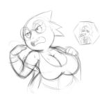  alphys anthro belt big_breasts bodily_fluids breasts buckteeth cleavage clothed clothing coat eyewear fanning female fish front_view glasses half-closed_eyes lab_coat marine monochrome narrowed_eyes non-mammal_breasts open_mouth reptile scalie shirt solo_focus sweat tank_top tansau teeth topwear undertale undyne video_games wide_hips 