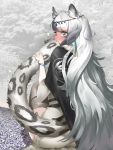  /\/\/\ 1girl animal_ears arknights belt biting blush bracelet braid cape forest from_behind full-face_blush gravel grey_eyes grey_hair hair_ornament head_chain highres jewelry leopard_ears leopard_girl leopard_tail long_hair looking_back nature pramanix_(arknights) sitting solo tail tail_biting tail_grab teira thighhighs tree very_long_hair 