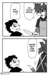 2022 anthro apron awake azumanga_daioh bear black_and_white bodily_fluids bonehand_(catkitte) catkitte clothing comic dialogue digital_drawing_(artwork) digital_media_(artwork) domestic_cat duo english_text felid feline felis giant_panda hi_res knife leaving male mammal monochrome panda_(catkitte) scared shocked sweat tail text
