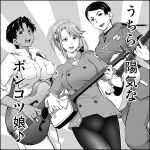  3girls :d aida_rayhunton dark-skinned_female dark_skin greyscale guitar gundam gundam_g_no_reconguista hairpods instrument marbet_fingerhat matsui_celine monochrome multiple_girls poe_aijee shamisen short_hair smile translated turn_a_gundam victory_gundam 