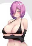  1girl arms_under_breasts bangs bare_shoulders bikini black_bikini black_bikini_top black_gloves blush breasts cleavage collarbone commentary_request crossed_arms elbow_gloves eyebrows_visible_through_hair fate/grand_order fate_(series) gloves hair_over_one_eye halterneck kuavera large_breasts looking_at_viewer mash_kyrielight micro_bikini midriff navel purple_eyes purple_hair short_hair smile swimsuit underboob 