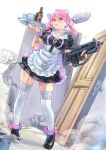  1girl alternate_costume apron blush braid breasts carina_(xiaowoo) cup enmaided gun highres lips maid maid_apron maid_headdress original pink_hair skirt twin_braids waitress weapon white_apron white_legwear 