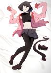  1girl absurdres arms_up bare_shoulders bed_sheet black_eyes black_hair black_legwear black_neckwear black_shirt black_skirt blank_eyes bob_cut breasts brown_footwear commentary drawdream1025 from_above groin hair_over_eyes highres looking_at_viewer lying midriff monogatari_(series) navel necktie necktie_removed on_back on_bed open_clothes open_mouth open_shirt oshino_ougi pantyhose pink_shirt pleated_skirt school_uniform shirt shoes shoes_removed short_hair single_shoe skirt sleeveless sleeveless_turtleneck sleeves_past_wrists small_breasts turtleneck unbuttoned unfastened white_background 