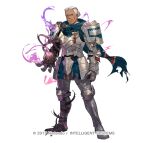  1boy armor blue_eyes copyright_notice dark-skinned_male dark_skin dedue_molinaro dedue_molinaro_(timeskip) dedue_molinaro_(timeskip)_(dauntless_beast) fire_emblem fire_emblem:_three_houses fire_emblem_heroes full_armor full_body heterochromia male_focus official_art partial_transformation ponytail red_eyes scar silver_armor so-taro solo 