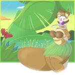 absurd_res anthro ball_gag bdsm bondage bound breasts cleavage clothed clothing coconut_bra female gag gagged grass_skirt hands_behind_back hi_res mammal nickelodeon restraints rodent rope rope_bondage sandy_cheeks sciurid solo spongebob_squarepants tempson tied_to_tree tree_squirrel tropical