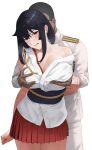  1boy 1girl absurdres admiral_(kancolle) black_hair breasts cleavage grabbing_another&#039;s_breast grabbing_from_behind groping highres kantai_collection ku_koro large_areolae large_breasts looking_at_viewer red_eyes steam sweat user_nrv1436 white_background yamashiro_(kancolle) 