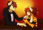 absurd_res anthro black_clothing bow_tie breasts chest_tuft clothed clothing duo felid female fur fur_tuft hair hand_on_chin hi_res holding_glass holding_object looking_at_another mammal pantherine sitting striped_body stripes synnfultiger text tiger tuft url white_clothing 