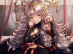  1girl :t candy chocolate chocolate_heart closed_mouth crown feh_xeri fire_emblem fire_emblem_heroes food grey_hair hair_ornament heart highres holding long_hair pout red_eyes solo valentine veronica_(fire_emblem) 