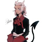  1girl 25_kimera alternate_costume apron closed_mouth demon_girl demon_horns demon_tail enmaided gradient_background grey_background grey_eyes helltaker horns justice_(helltaker) long_hair looking_at_viewer maid maid_apron smile solo tail 