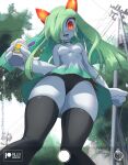 2025 2_horns absolute_territory black_choker black_clothing black_jewelry black_legwear black_necklace black_panties black_stockings black_underwear blush camel_toe camera_view choker clothed clothing female food generation_3_pokemon green_clothing green_hoodie green_topwear hair hair_over_eye hi_res holding_food holding_object hoodie horn humanoid jewelry kirlia legwear looking_at_viewer low-angle_view necklace nintendo not_furry open_mouth outside panties pokemon pokemon_(species) pupils red_eyes red_horn rilex_lenov solo stockings topwear underwear upskirt white_clothing white_hoodie white_topwear yui_(rilex_lenov)