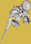  commentary_request full_body gundam gundam_gquuuuuux gyan gyan_(gquuuuuux) highres holding holding_polearm holding_weapon lance mecha mecha_focus missile_pod mobile_suit no_humans one-eyed pink_eyes polearm robot science_fiction shield simple_background solo weapon yellow_background yy_shibata zeon 