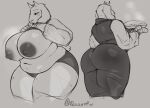 anthro areola belly big_breasts big_butt bodily_fluids boss_monster_(undertale) bovid breasts butt caprine clothed clothing clothing_lift female floppy_ears food goat greyscale hi_res holding_food holding_object holding_pie horn huge_breasts jezzlen love_handles mammal mature_anthro mature_female monochrome navel nipples pastry pie pie_(food) scut_tail short_tail slightly_chubby slightly_chubby_anthro slightly_chubby_female solo sweat tail toriel undertale_(series)