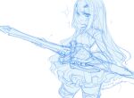  1girl artist_name choco_(chocolate_shop) commentary_request cropped_legs dress fate/grand_order fate_(series) highres holding holding_weapon long_hair looking_at_viewer melusine_(fate) melusine_(second_ascension)_(fate) monochrome signature sketch smile solo sparkle twitter_username wavy_hair weapon zettai_ryouiki 